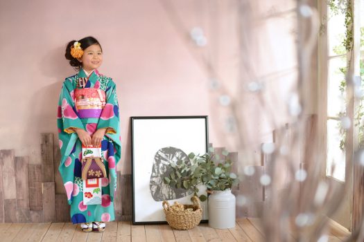 7歳　七五三　着物　緑