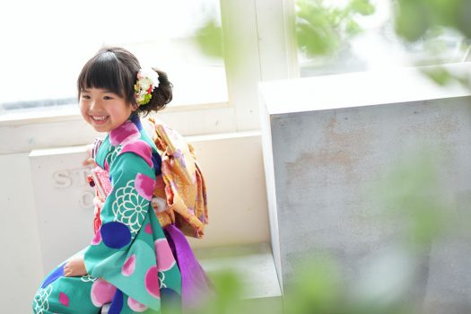 奈良市　生駒市　帝塚山　富雄　木津川市　精華町　スタジオレンジ　七五三　7歳女の子　着物　緑の着物