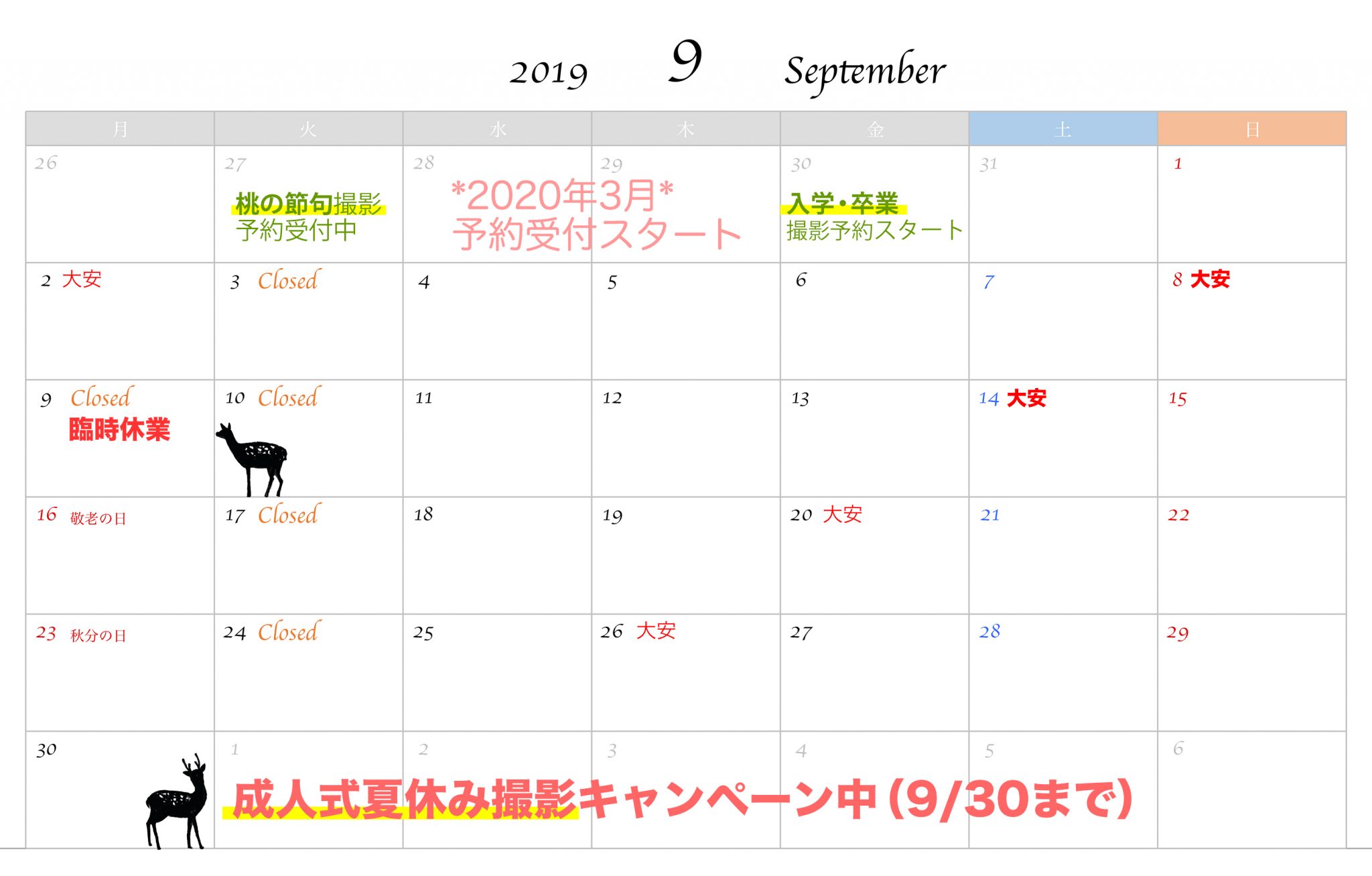 9月のスケジュール|平日がゆっくり撮影できておすすめです