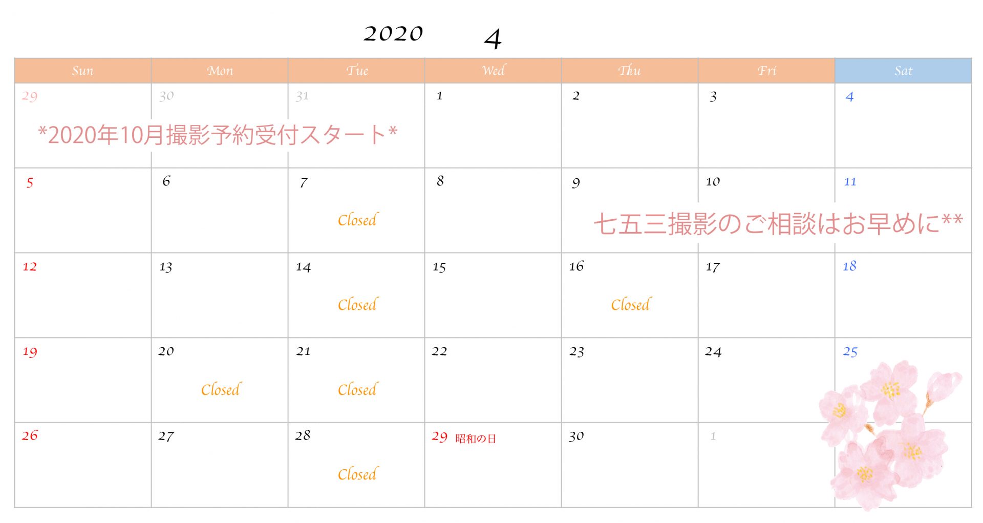 2020年4月のスケジュール|日が長くなり撮影時間が伸びますよ