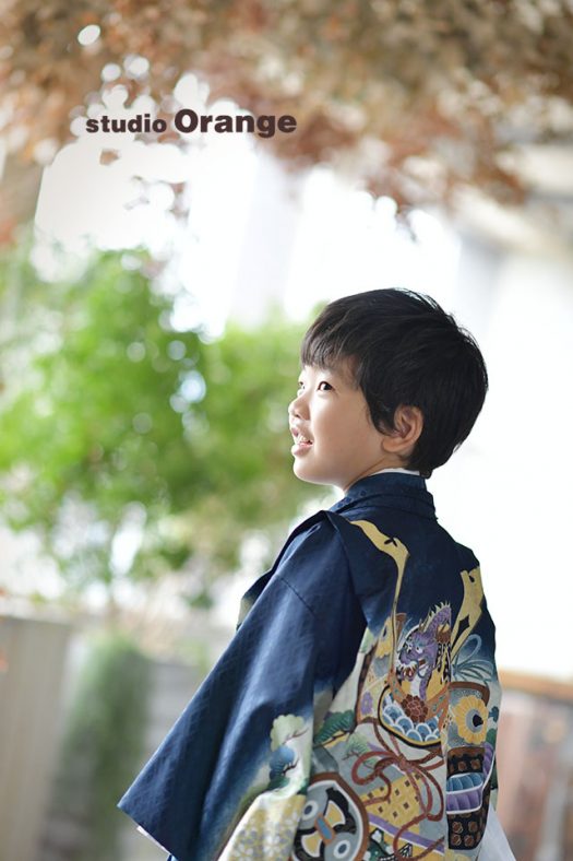 七五三　五歳男の子　着物　青　フォトスタジオ　写真館　奈良　