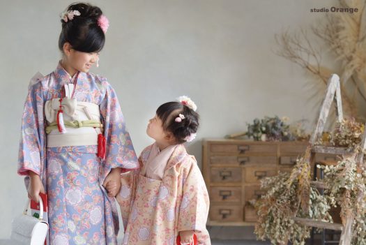 オリジナル着物　パステルカラー　7歳女の子　5歳男の子　3歳女の子　七五三　奈良　写真館　フォトスタジオ