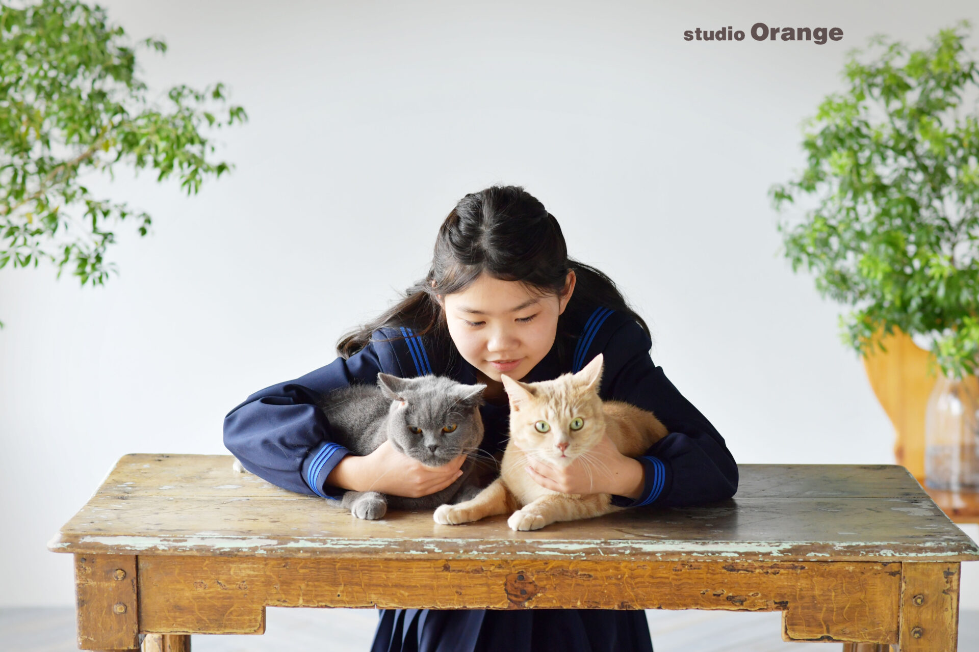 奈良市のフォトスタジオで猫ちゃんと一緒に入学卒業撮影