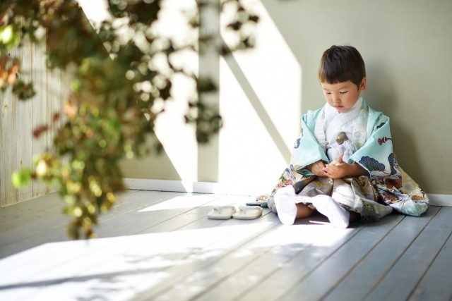 3歳男の子　七五三　水色の着物