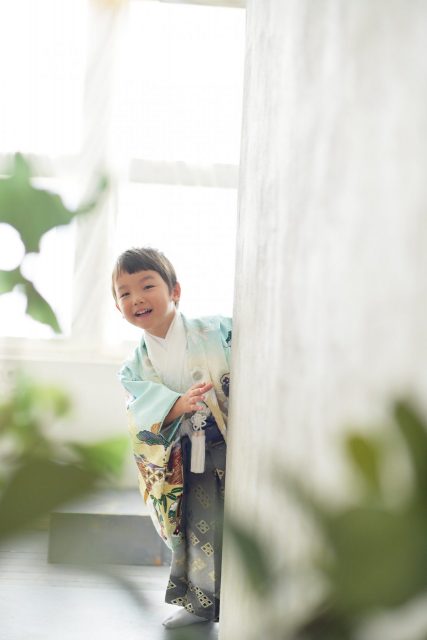 3歳男の子　七五三　水色の着物