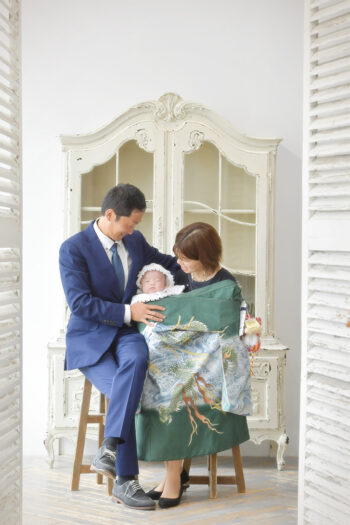 お宮参り写真　家族写真　緑の着物
