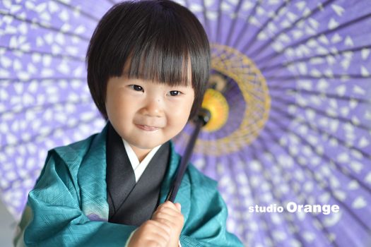 七五三　五歳男の子　着物　青　フォトスタジオ　写真館　奈良　