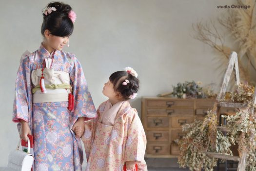 オリジナル着物　パステルカラー　7歳女の子　5歳男の子　3歳女の子　七五三　奈良　写真館　フォトスタジオ