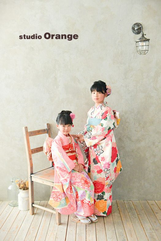 七五三　家族写し　和装　袴　被布　着物　奈良店　フォトスタジオ　写真館　オレンジ