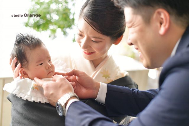 お宮参り　男の子　兄弟　姉妹　フォトスタジオ　初着　奈良写真館　祝着　白初着