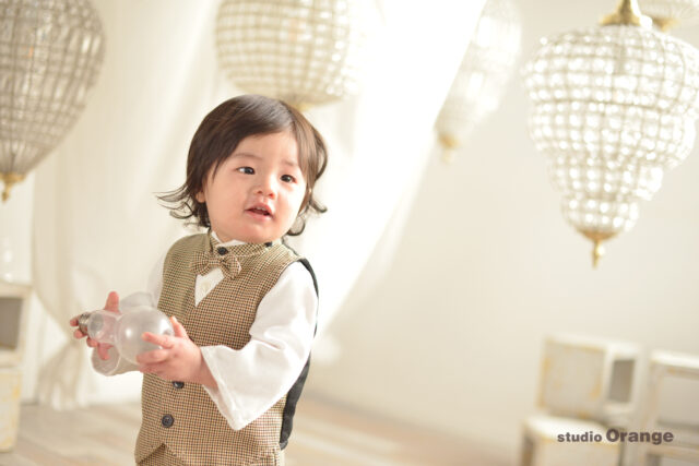 奈良市の写真スタジオ・スタジオオレンジで撮影したファーストバースデーフォト　1歳誕生日記念撮影　1歳男の子