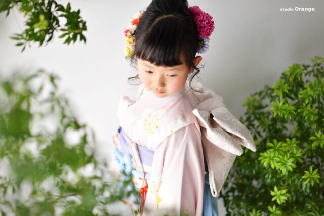 奈良市のフォトスタジオ・スタジオオレンジで撮影した七五三記念撮影写真　7歳女の子　くすみカラー　ピンクの着物　春日大社にご祈祷
