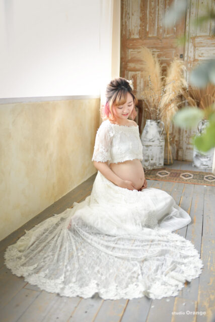 奈良市のフォトスタジオ・スタジオオレンジで撮影したマタニティフォト　マタニティドレス 妊娠36週　プレママ