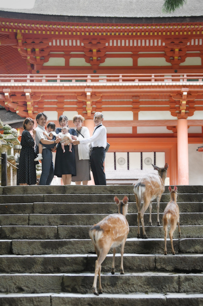 奈良の鹿と一緒にお宮参り写真　春日大社で家族写真撮影