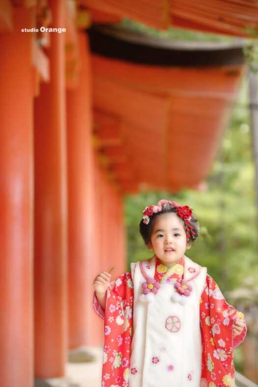 春日大社で3歳女の子の七五三撮影　赤い着物の七五三写真